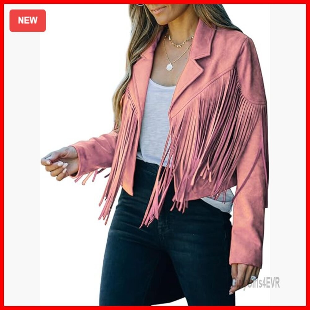 Faux Suede Fringe Moto Crop Jacket Notch Collar Open Front